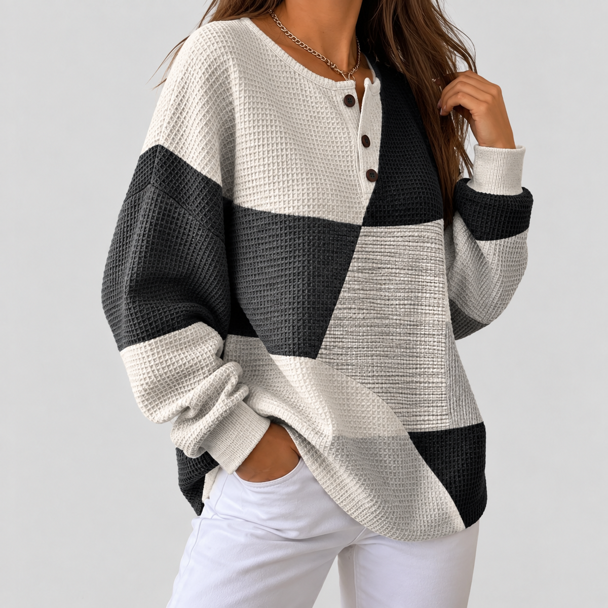 Almira™ | Waffle Knit Henley Sweatshirt