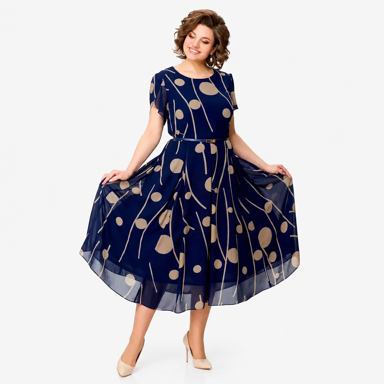 Ivy | Navy Polka Dot Print Chiffon Midi Dress