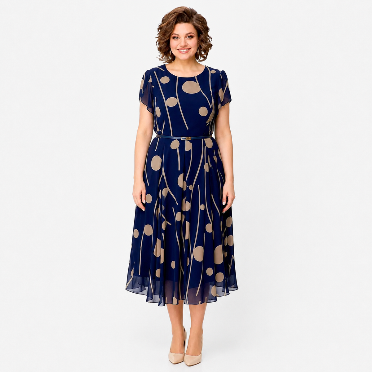 Ivy | Navy Polka Dot Print Chiffon Midi Dress