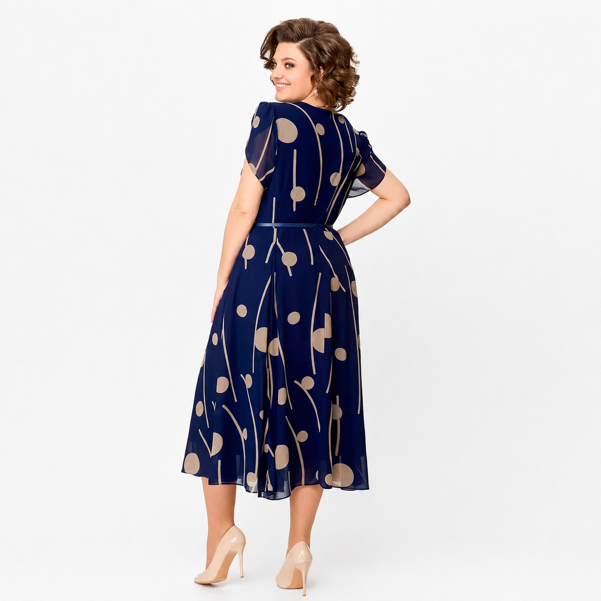 Ivy | Navy Polka Dot Print Chiffon Midi Dress